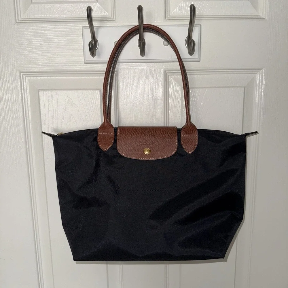 LONGCHAMP Le Pliage Black Nylon Leather Shoulder Bag Tote Zip Purse EUC - Picture 11 of 12